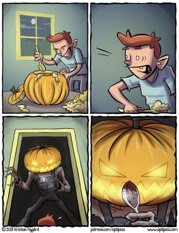 Optipess comic of a boy scooping out a pumpkin while a glowing pumpkin-headed monster appears in the doorway holding a bloody spoon